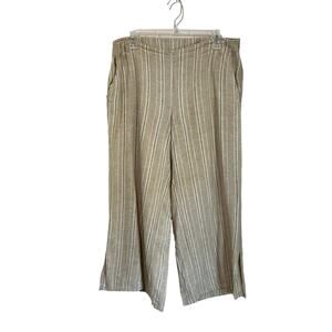 J Jill Linen Blend Wide Leg Crop Pants Tan Stripe Pull On Split Hem M